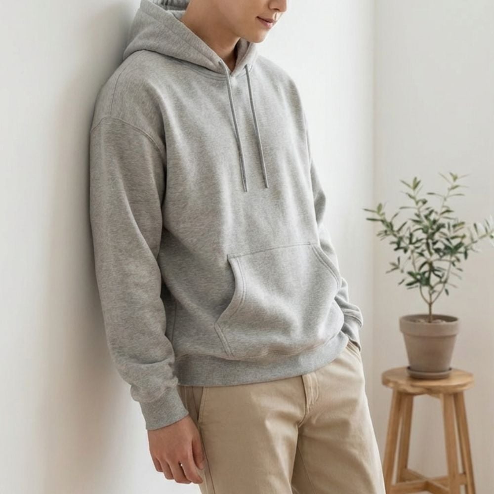 커플 데일리 무지 기모 후드티 긴팔 티셔츠 여성룩 - 그레이