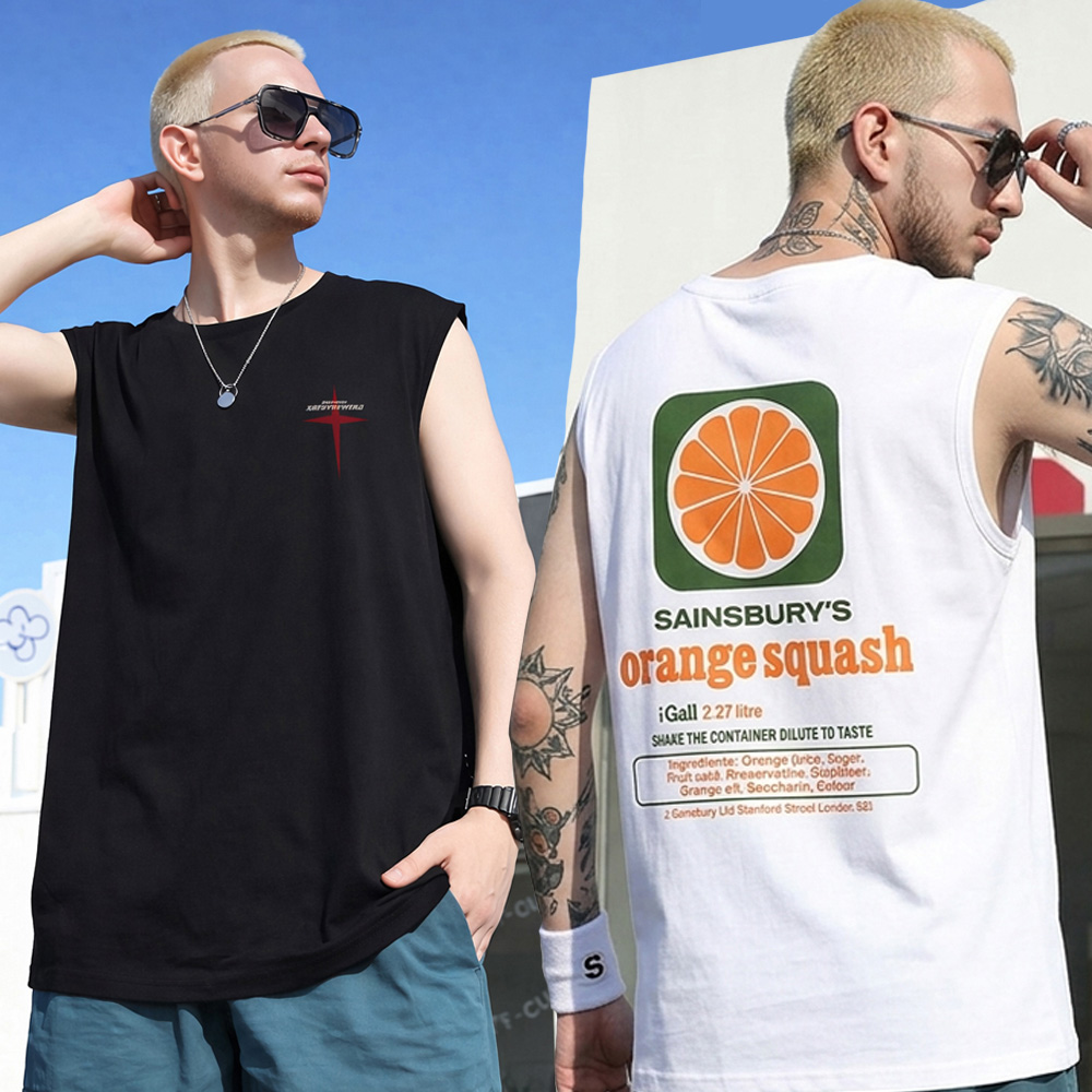 남성 여름 유니크 패션 그래픽 레터링 포인트 나시 민소매 티셔츠 - 크로스화이트