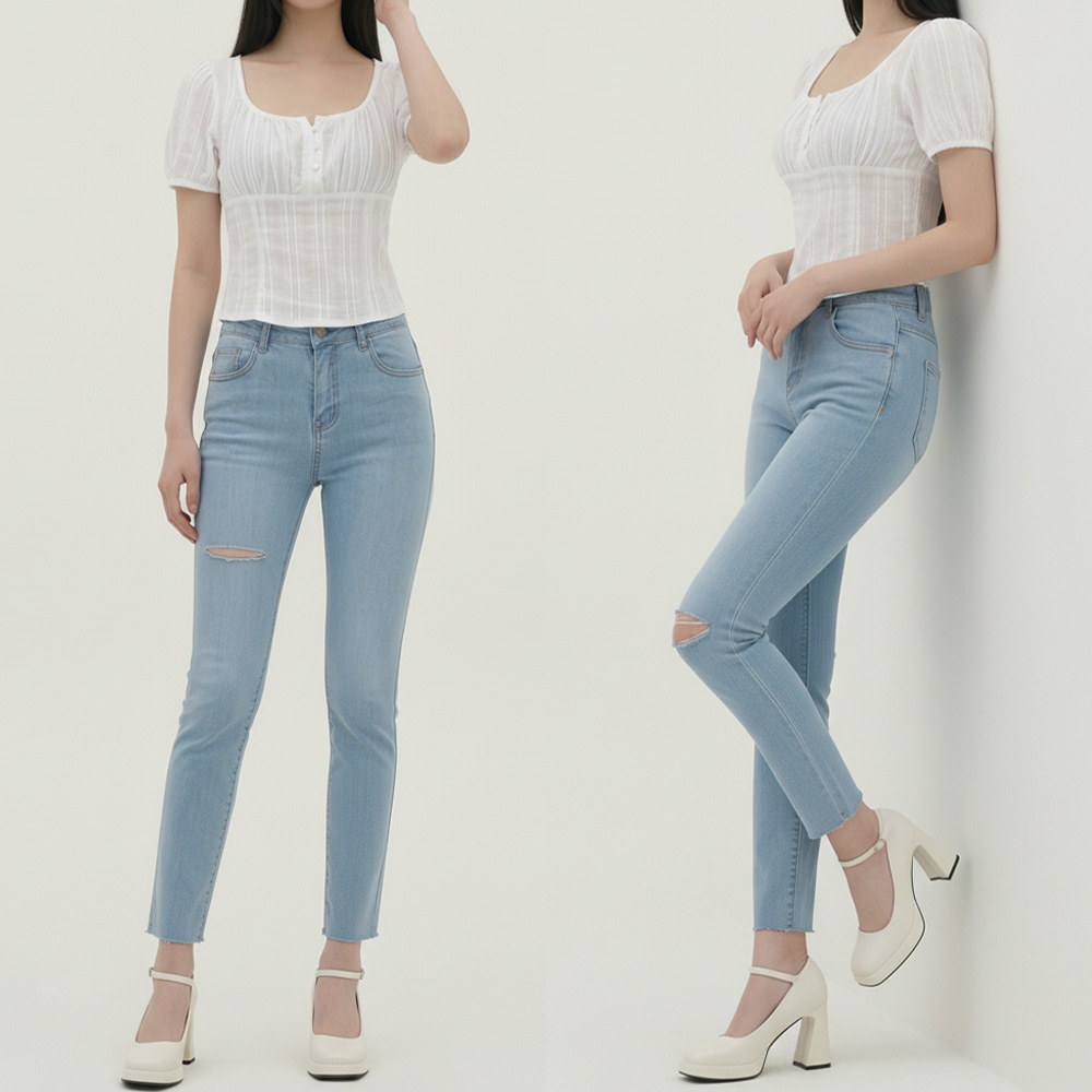 여성 라이트컷 슬림핏 뒷밴딩 스판 데님 일자 팬츠 - 연청