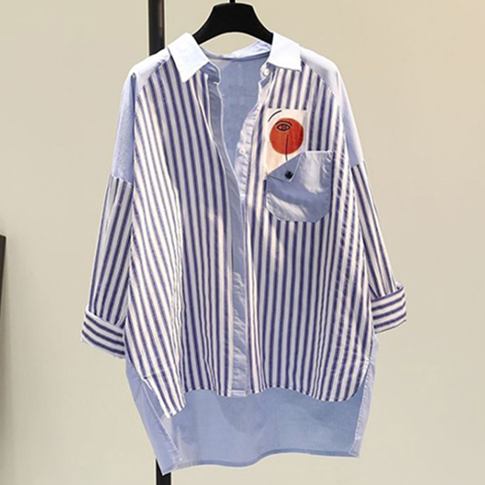 편안한 체형커버 꾸안꾸 여성 포켓 단가라 스트라이프 오버핏 셔츠