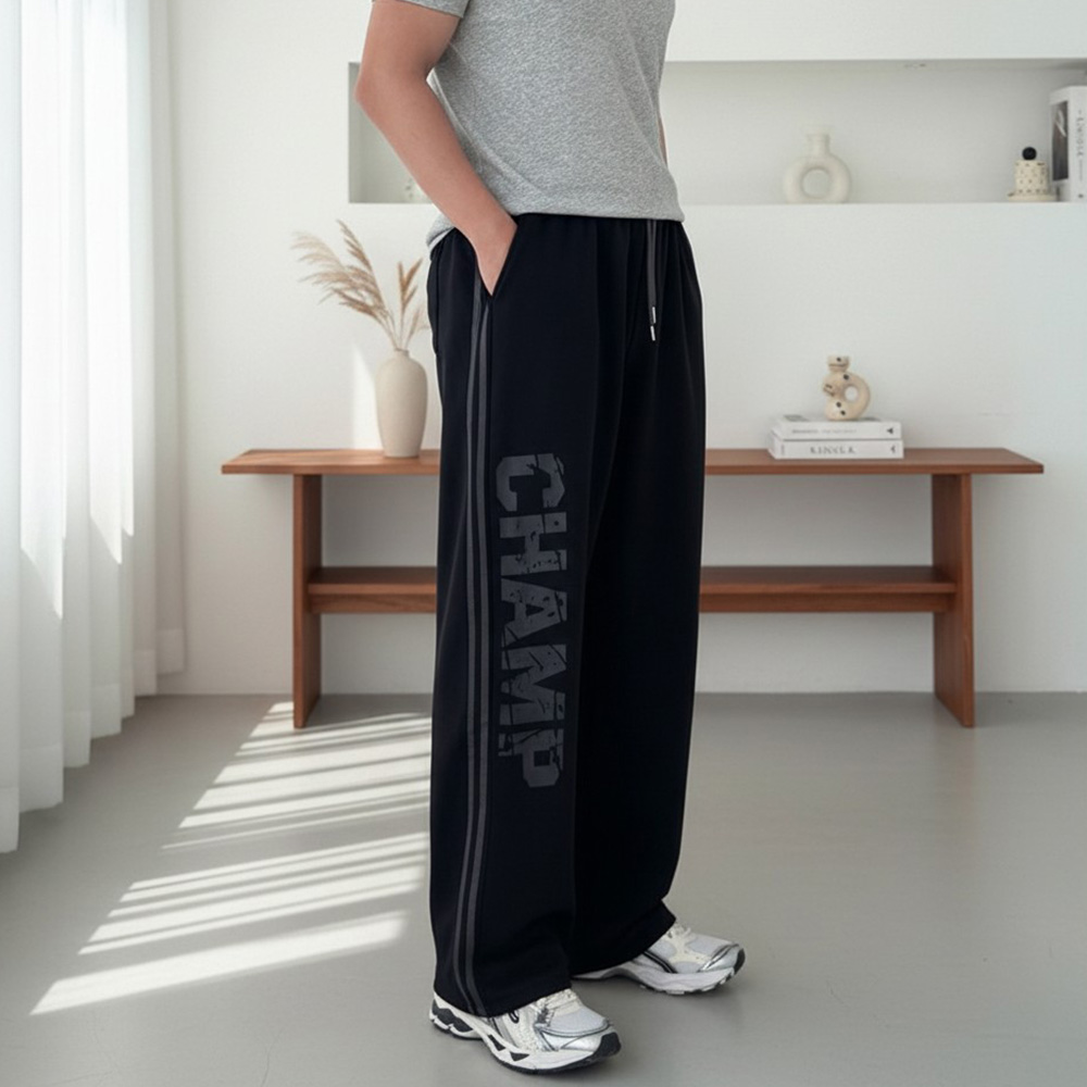 SD-262008 레터링 와이드 스트링바지 챔프 미솔티아 - 검정