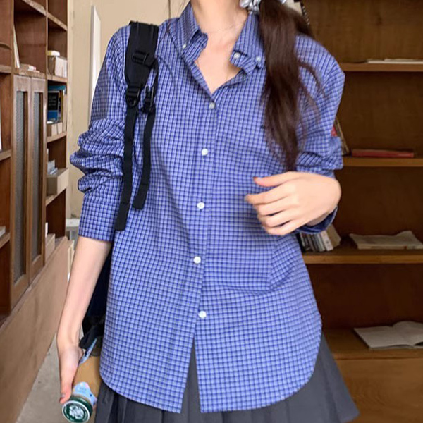 모리걸 데일리 여성 루즈핏 베이직 잔체크 긴팔 셔츠 LK-HB05 - 블루
