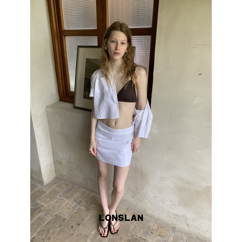 LONSLAN 론슬란 여성 린넨셔츠 반팔 카라 블라우스 스커트 투피스 셋업 여름세트 - 상세 이미지 4