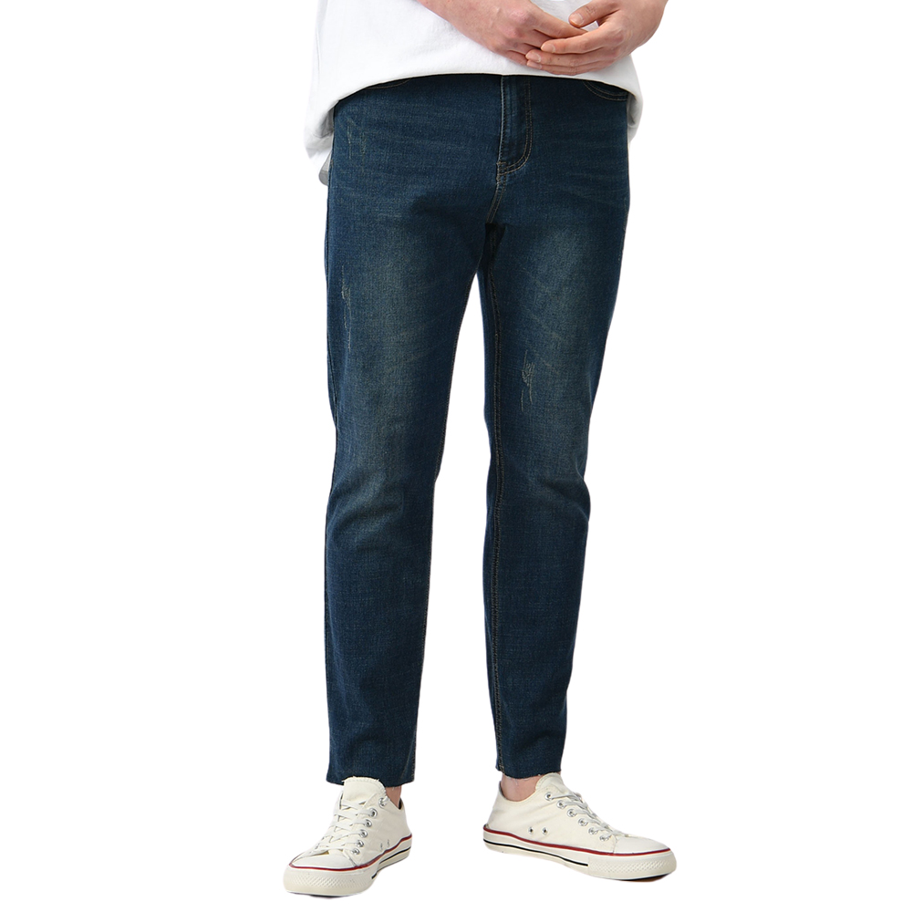 남자 청바지 스판 크롭 밑단 컷팅 워싱진 일자 데님 팬츠