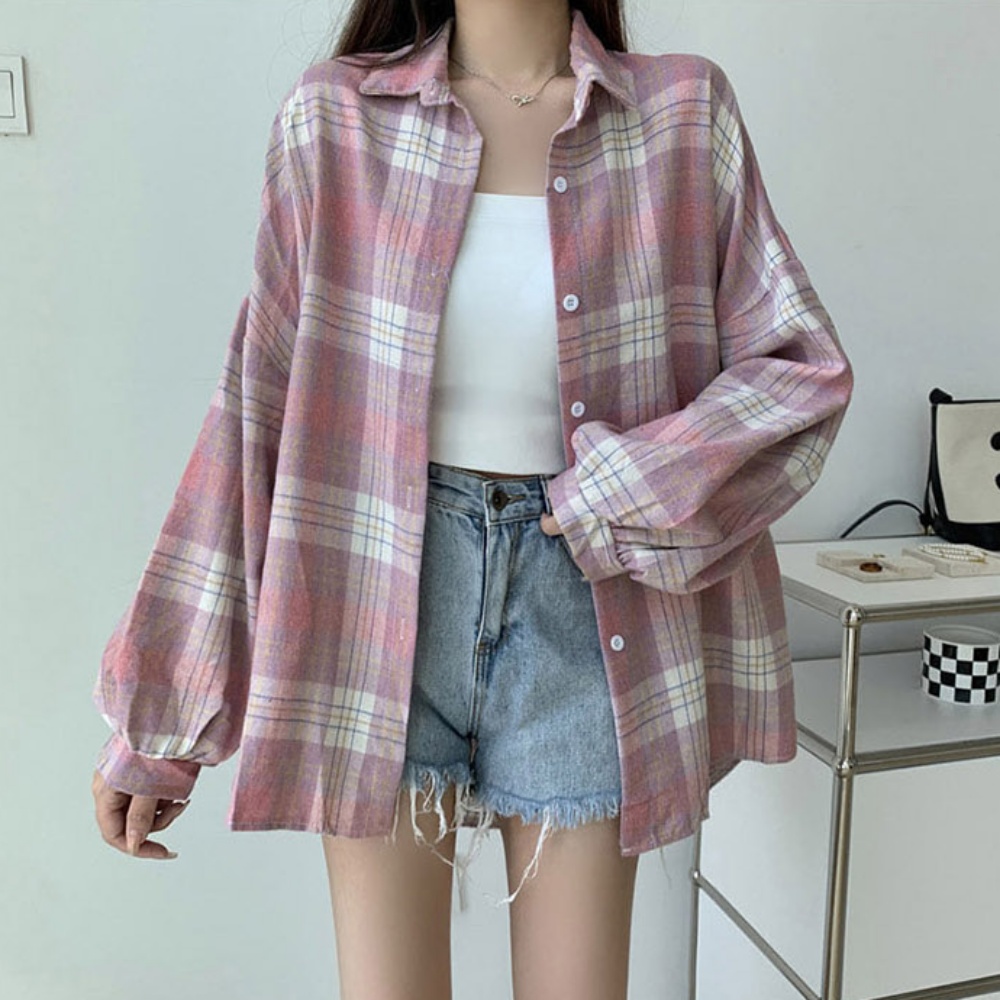 캐주얼 사계절 여성 학생 체크 셔츠 데일리 남방 - 8컬러 - 블루화이트