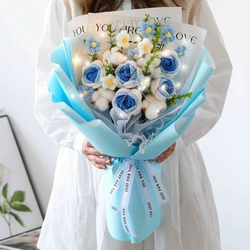 완제품 꽃다발 뜨개 부케 튤립 장미 코바늘 기념일 촬영 소품 뜨개꽃 핸드메이드 프로포즈 - 상세 이미지 2