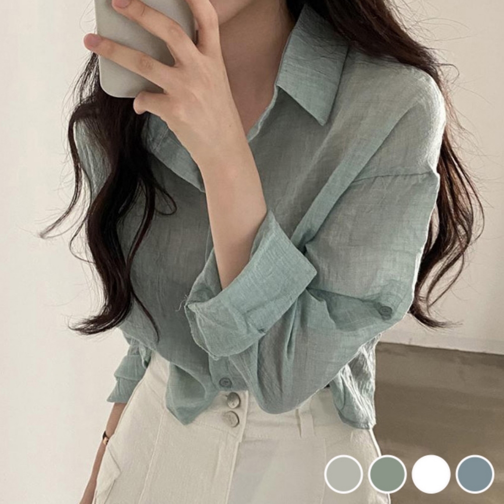 은은한 시스루 포인트 루즈핏 솔리스 데일리 여성 긴팔 셔츠 남방 - 다크블루