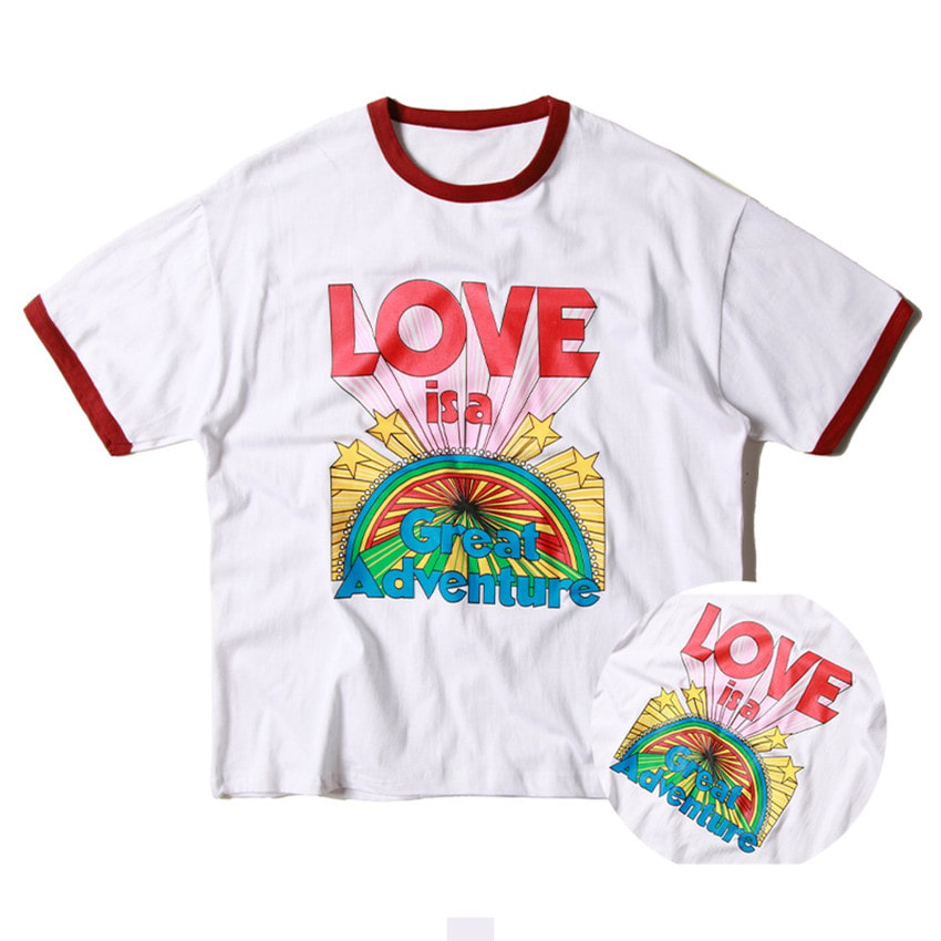 남자 링거 반팔 티셔츠 레터링 프린팅 오버핏 캐주얼 여름 데일리티 - 화이트