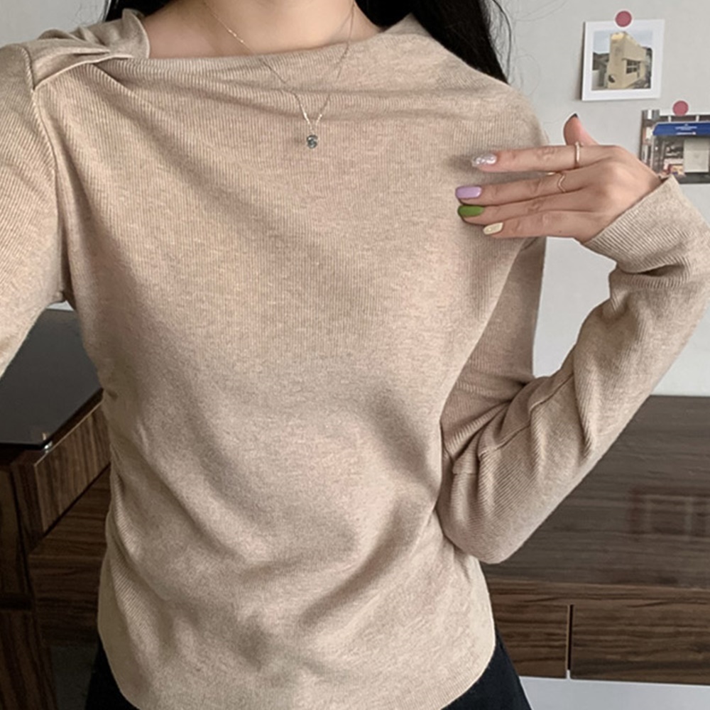 여성 데일리 심플 출근룩 라운드넥 셔링 니트 티셔츠 - 블랙