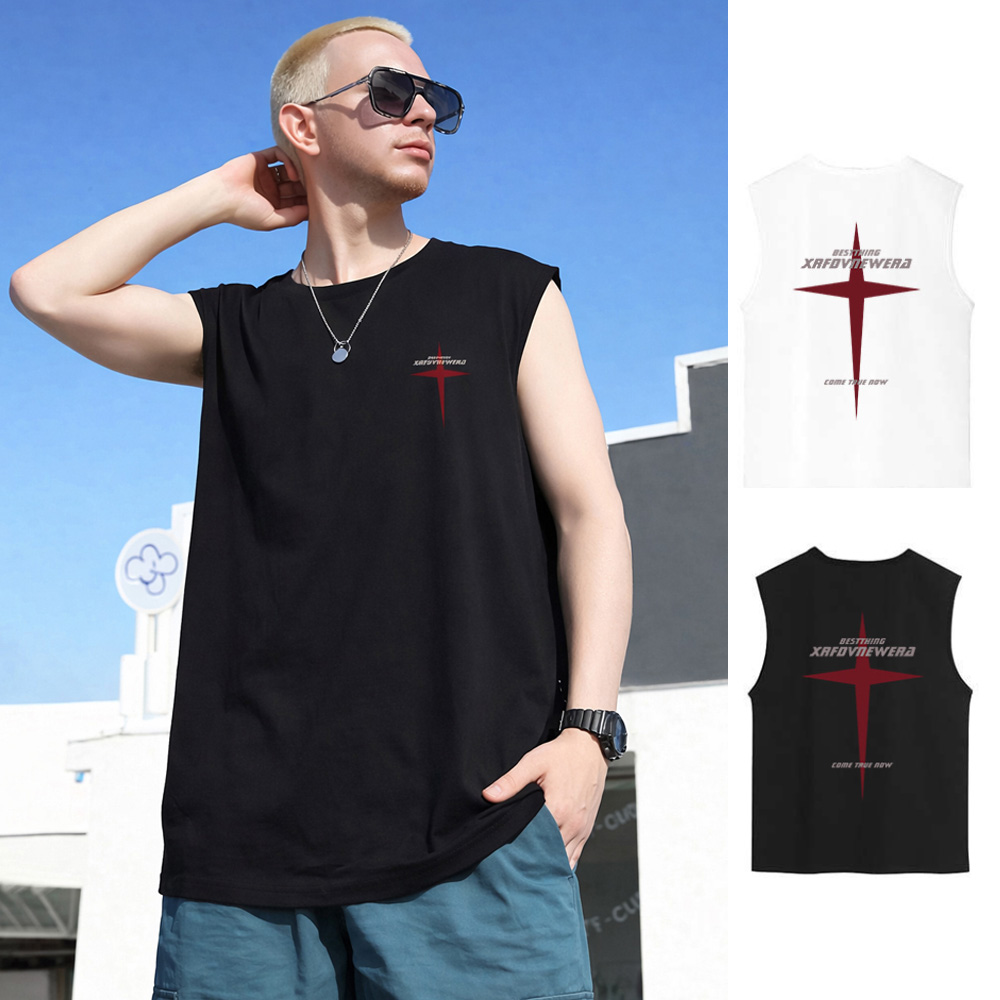 남성 크로스 영문 레터링 포인트 나들이 외출 스포츠 패션 나시 티셔츠 - 화이트