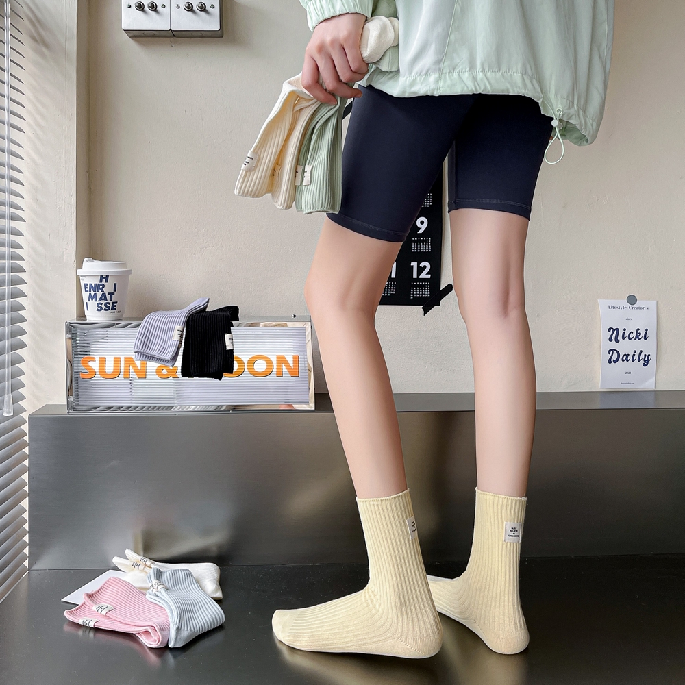 여자 데일리 중목 골지 면양말 파스텔 컬러 라벨 - 상품 이미지