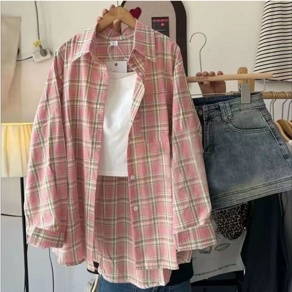 여성 루즈핏 캐주얼 체크 셔츠 남방 - 핑크