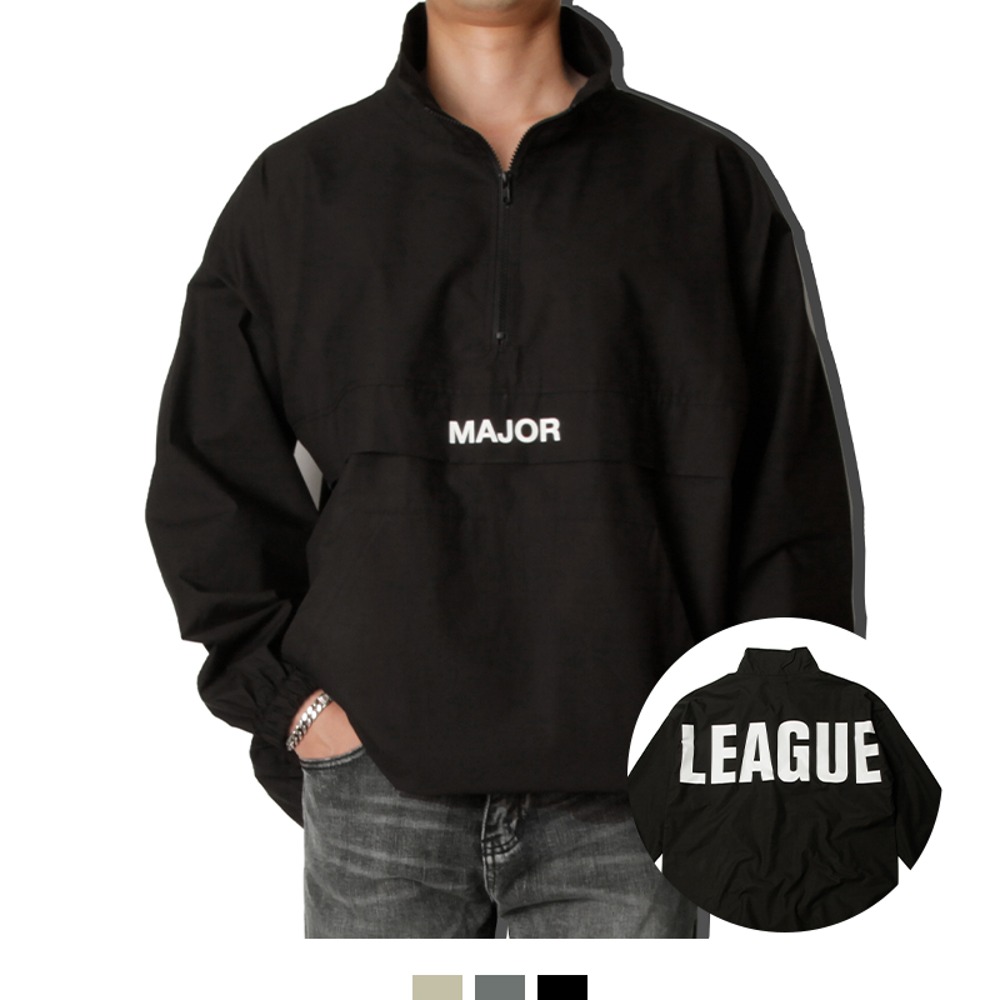 남자 아노락 바람막이 메이저 레터링 반집업 윈드브레이커 오버핏 점퍼 - black