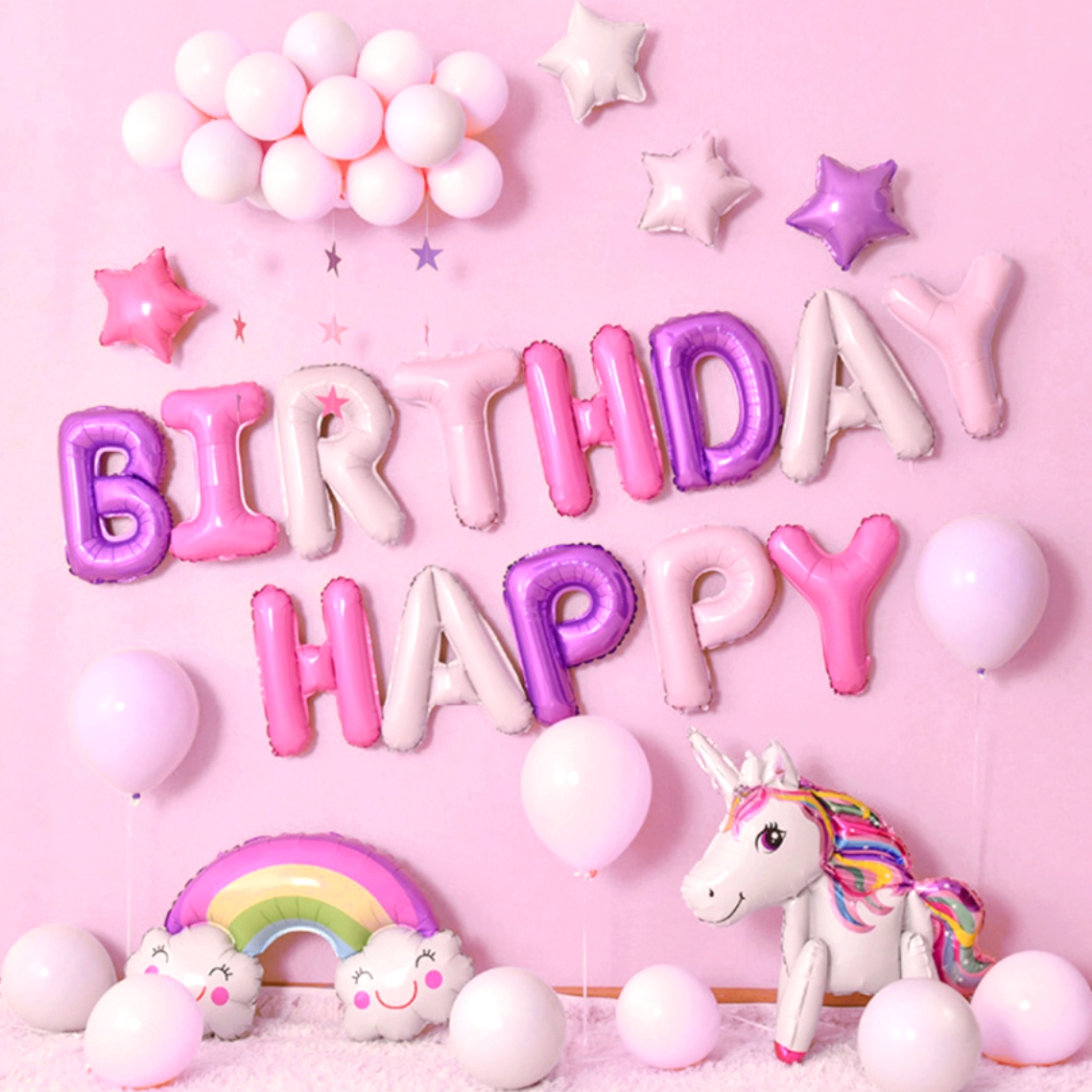 무지개구름 해피버스데이이니셜 유니콘은박풍선세트 올인원생일장식 - 상품 이미지
