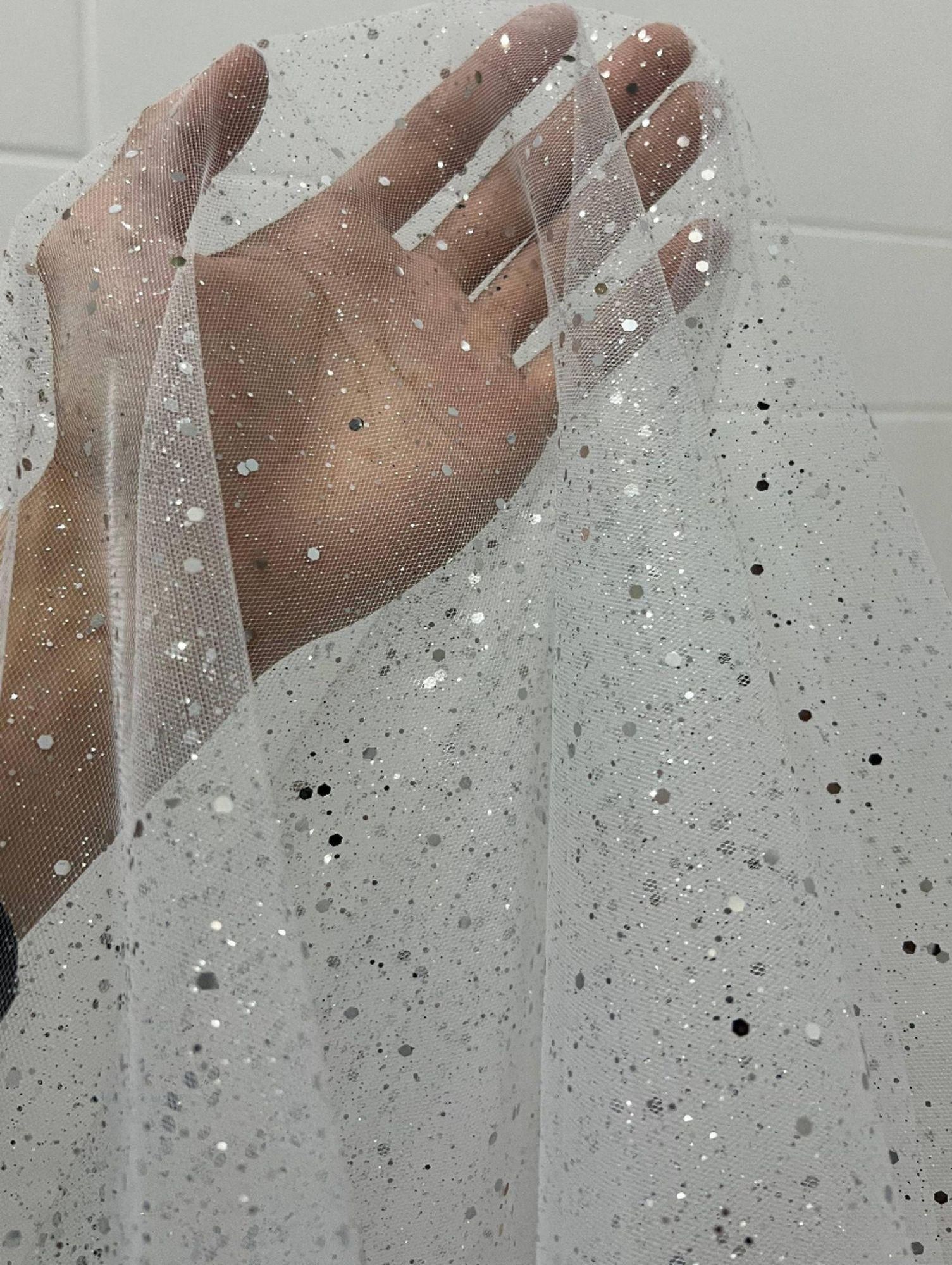 웨딩 레이스 원단 반짝이는 신부 메쉬 장식 리본 그물 액세서리 수제 구슬 은빛 베일 이미지 6