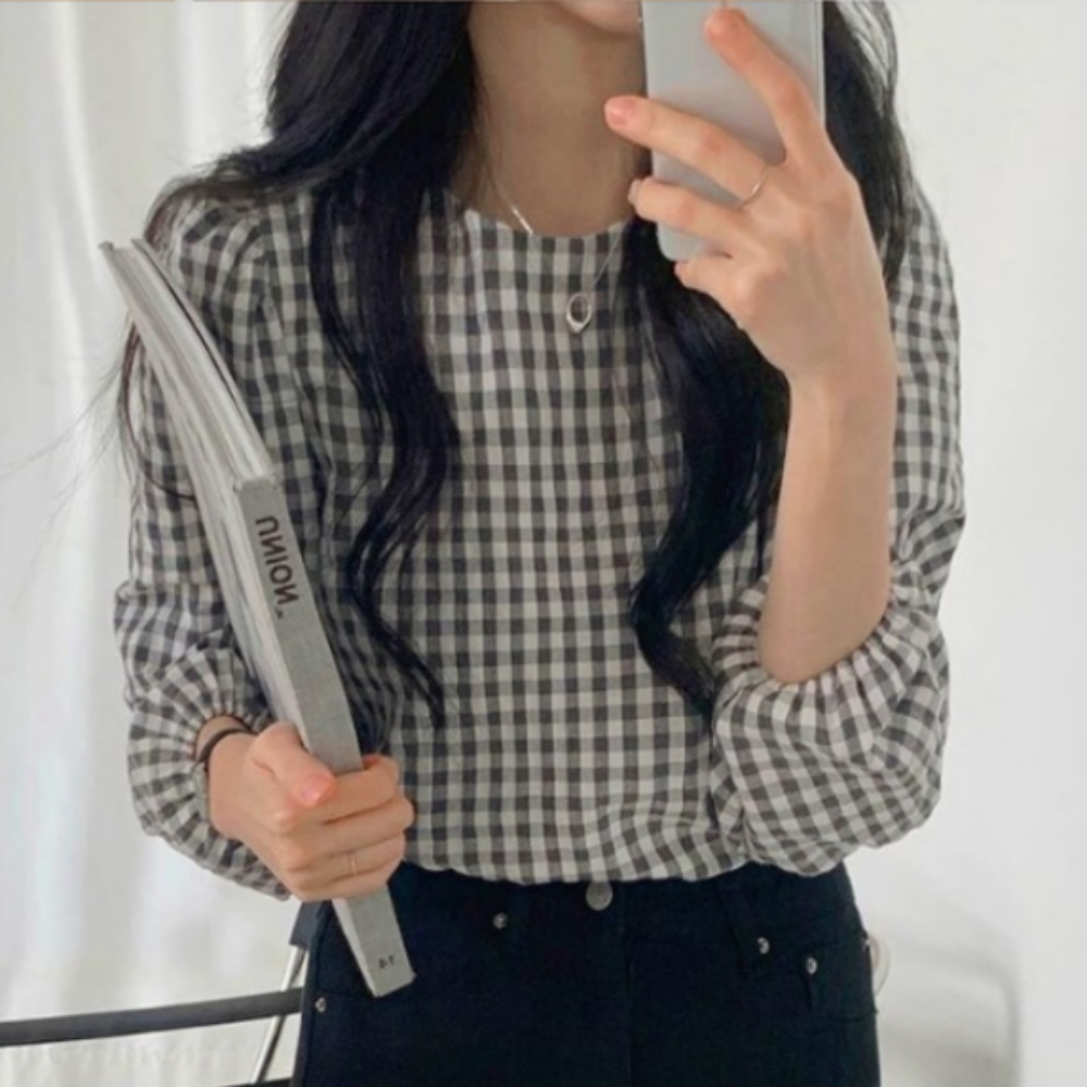 예쁜 퍼프 소매 여성 체크 블라우스 - 2컬러 - 베이지