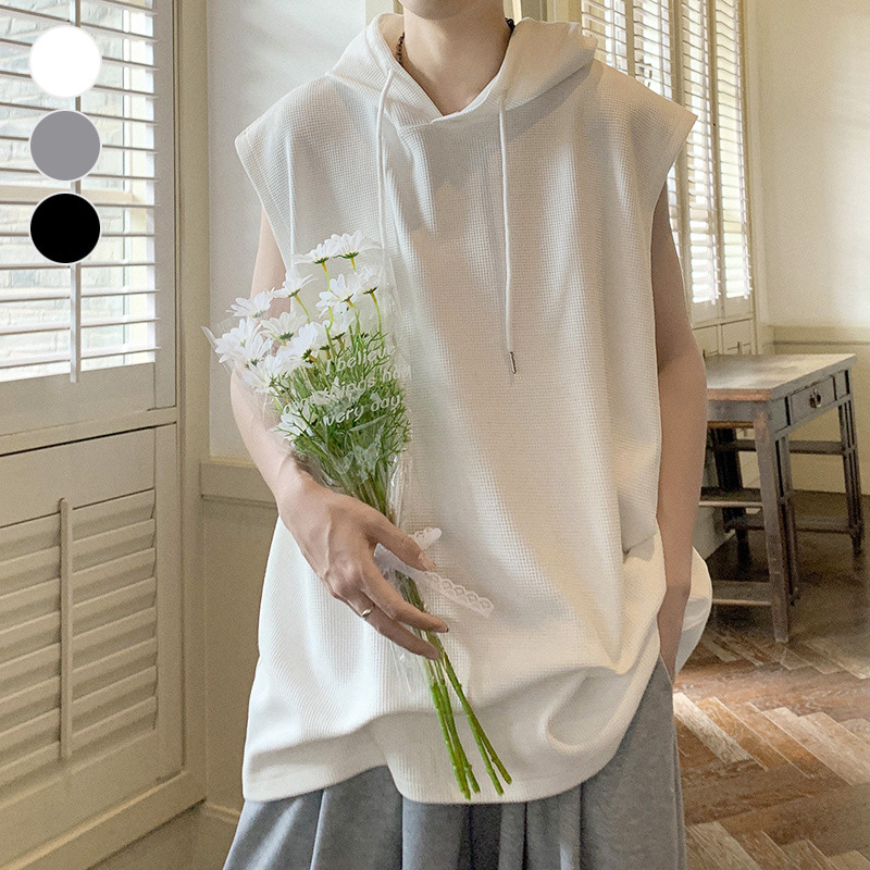 남성 루즈핏 민소매 와플 후드 티셔츠 ELC-9070 - 블랙