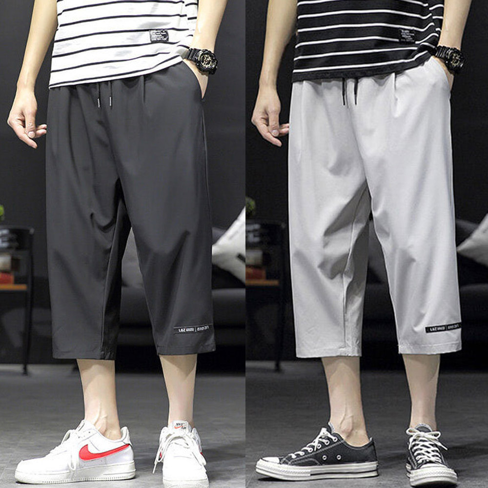 남성 여름 외출 편안한 허리 밴딩 쿨링 영문 포인트 7부 바지 - 진그레이