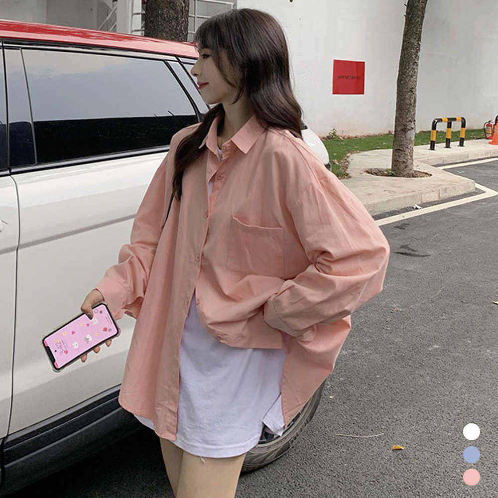 여성 루즈핏 스타일 베이직 기본 스타일 깔끔 컬러풀 긴팔 셔츠 - 스카이