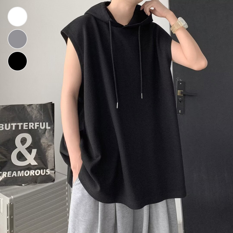 ELC-9070 남성 루즈핏 민소매 와플 후드 티셔츠 - 블랙