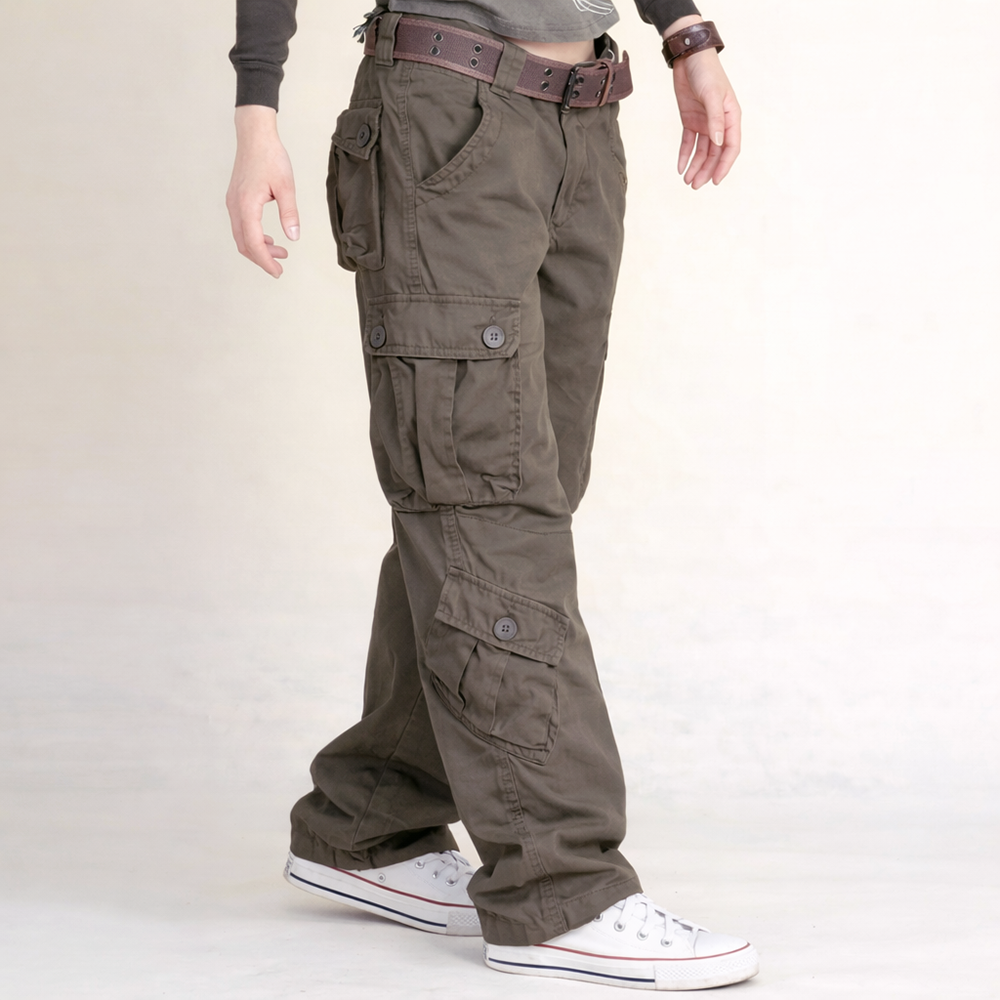 YIG 남녀공용 멀티포켓 와이드 밀리터리룩 면 카고바지 - 버건디레드