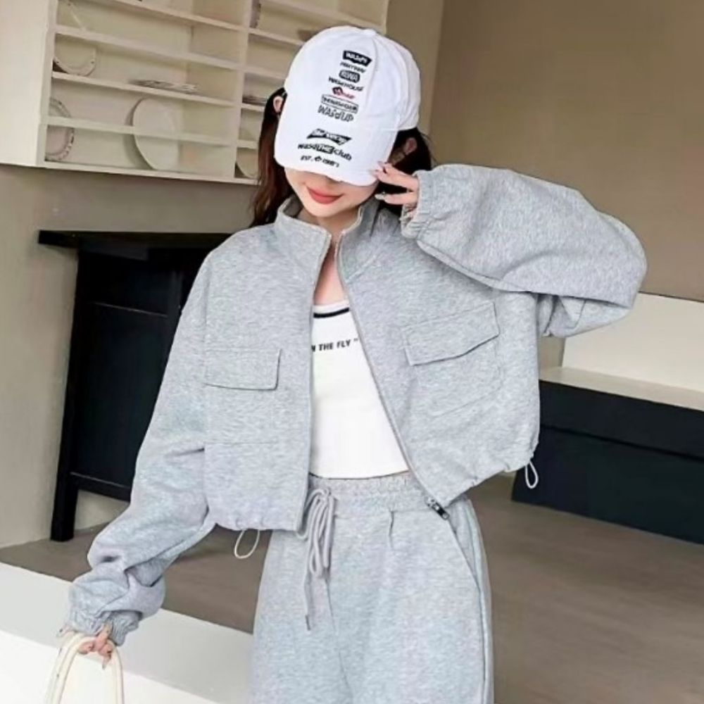 크롭 집업 트레이닝 하이넥 점퍼 HPC-1007855 - 그레이