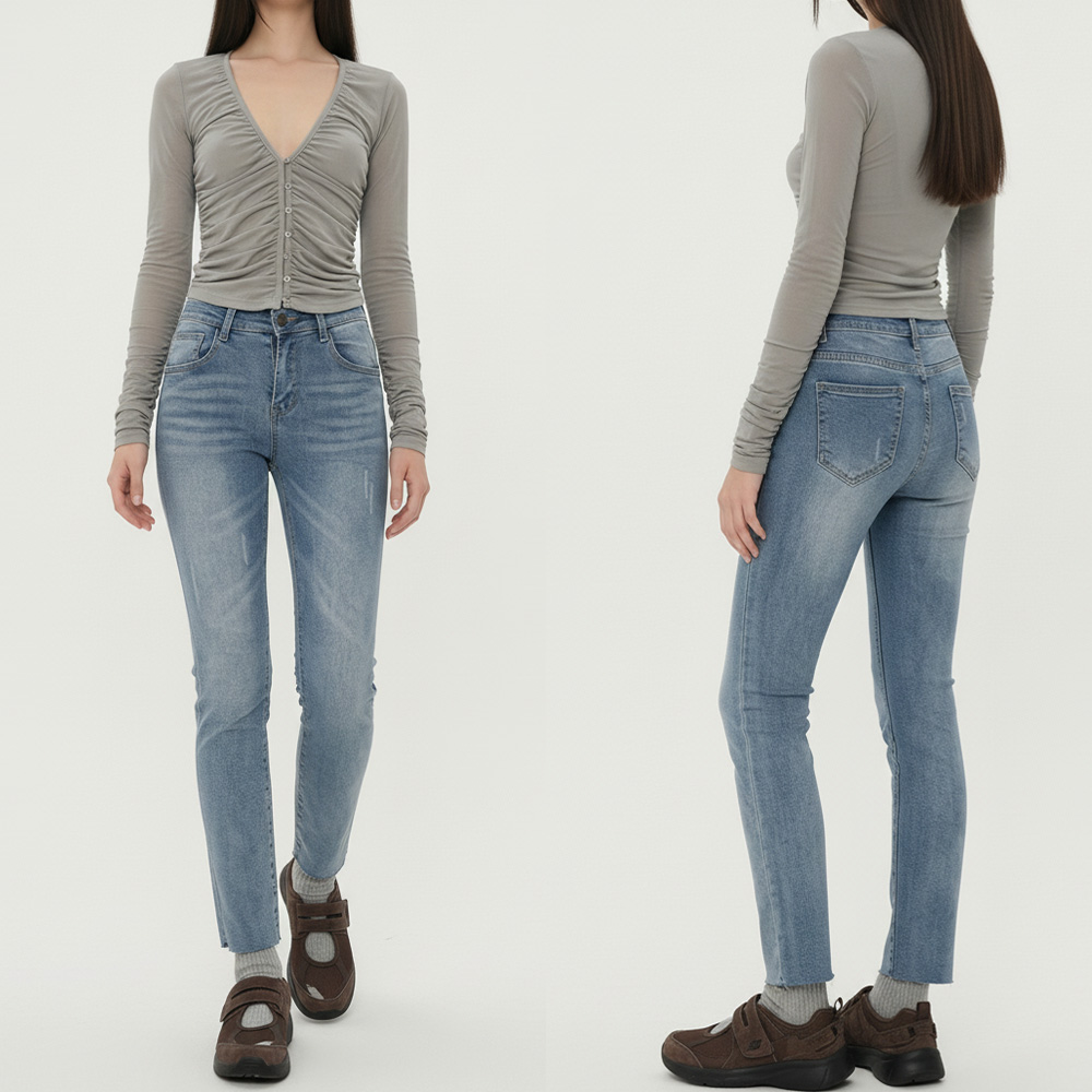 여성 베이직핏 스크레치 컷팅 스판 일자데님팬츠 - 블루