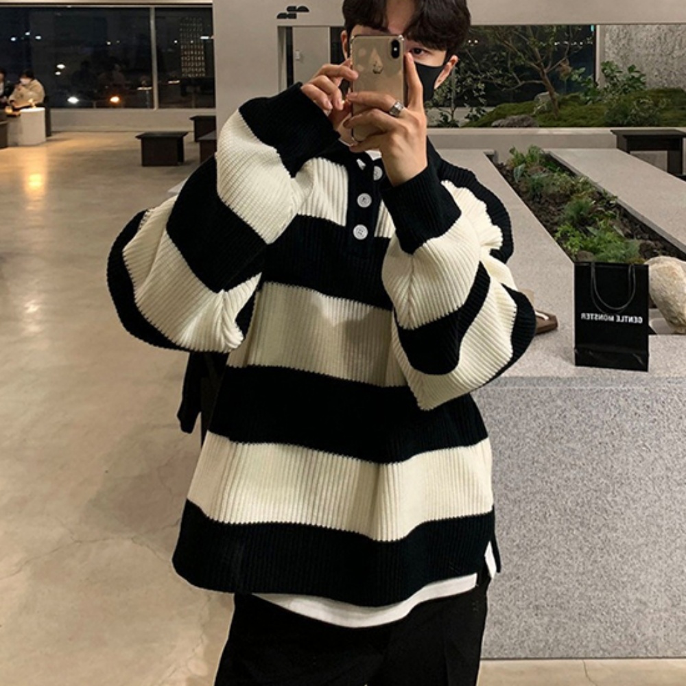 남성 캐주얼 니트 티셔츠 스트라이프 인기 카라티 - 3컬러 - 그레이