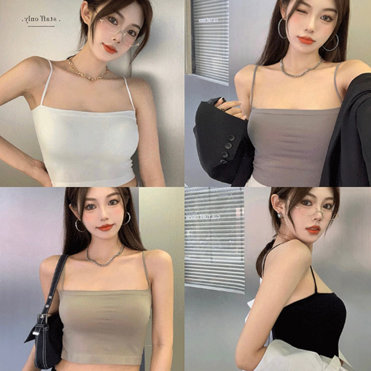 끈나시 패드내장 캡나시 민소매 캡내장 크롭 튜브탑 그린, FREE(One size) - 상품 이미지