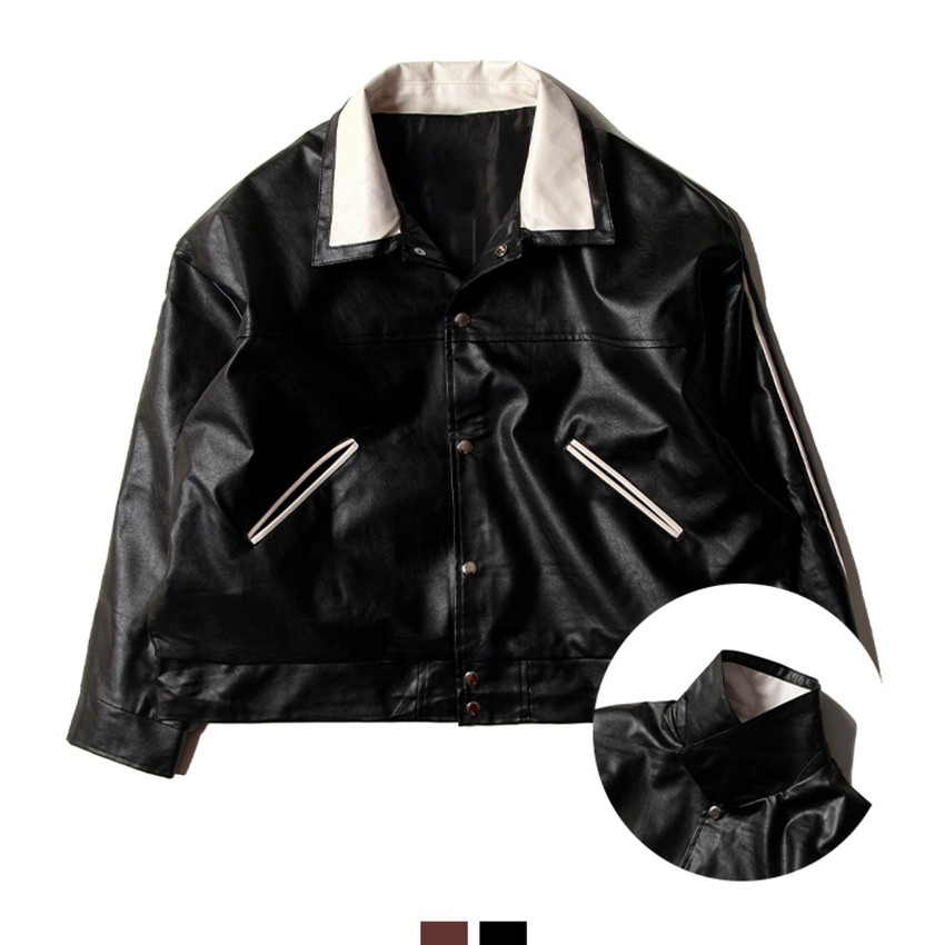 남자 배색 레더자켓 크롭 가죽 블루종 봄 간절기 아우터 - 브라운
