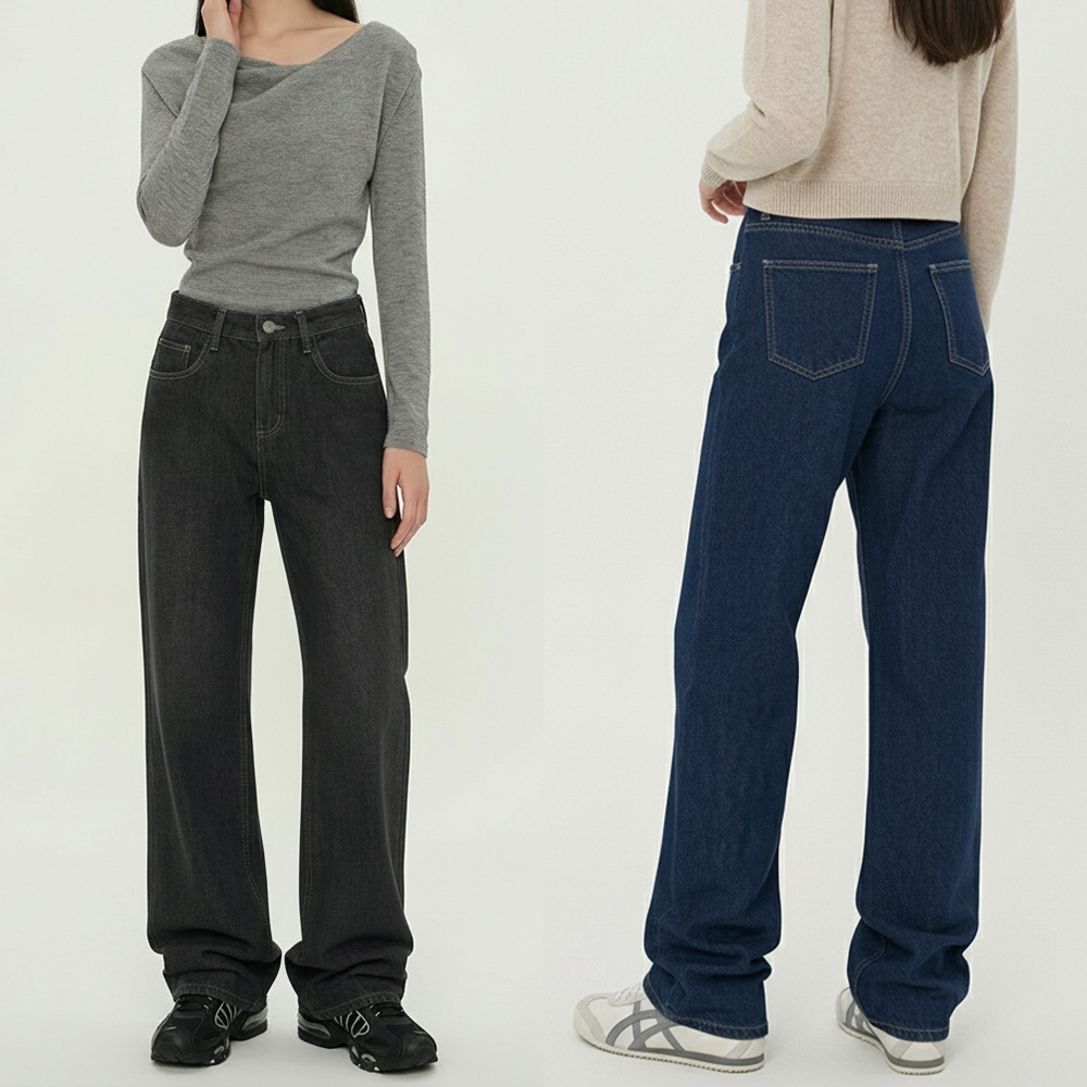 여성 하이웨스트 와이드 데님 팬츠 - 블랙