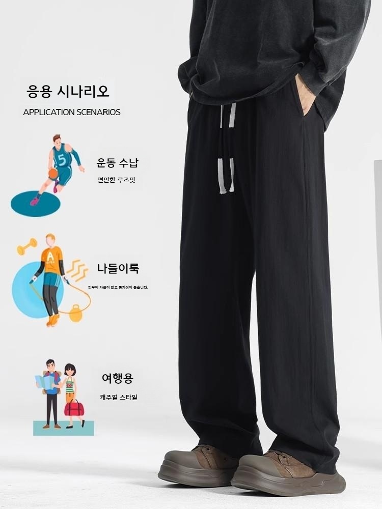 남성 여름 아마 캐주얼 팬츠 직통 와이드 - 상세 이미지 3
