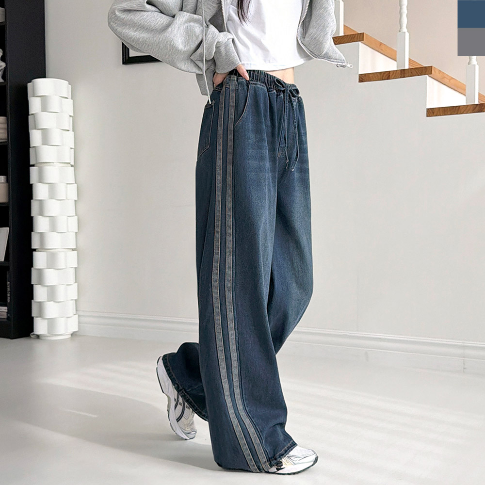 여성 스트링 2컬러 와이드 청바지 DJJ-GAA-SF1047W - 흑청