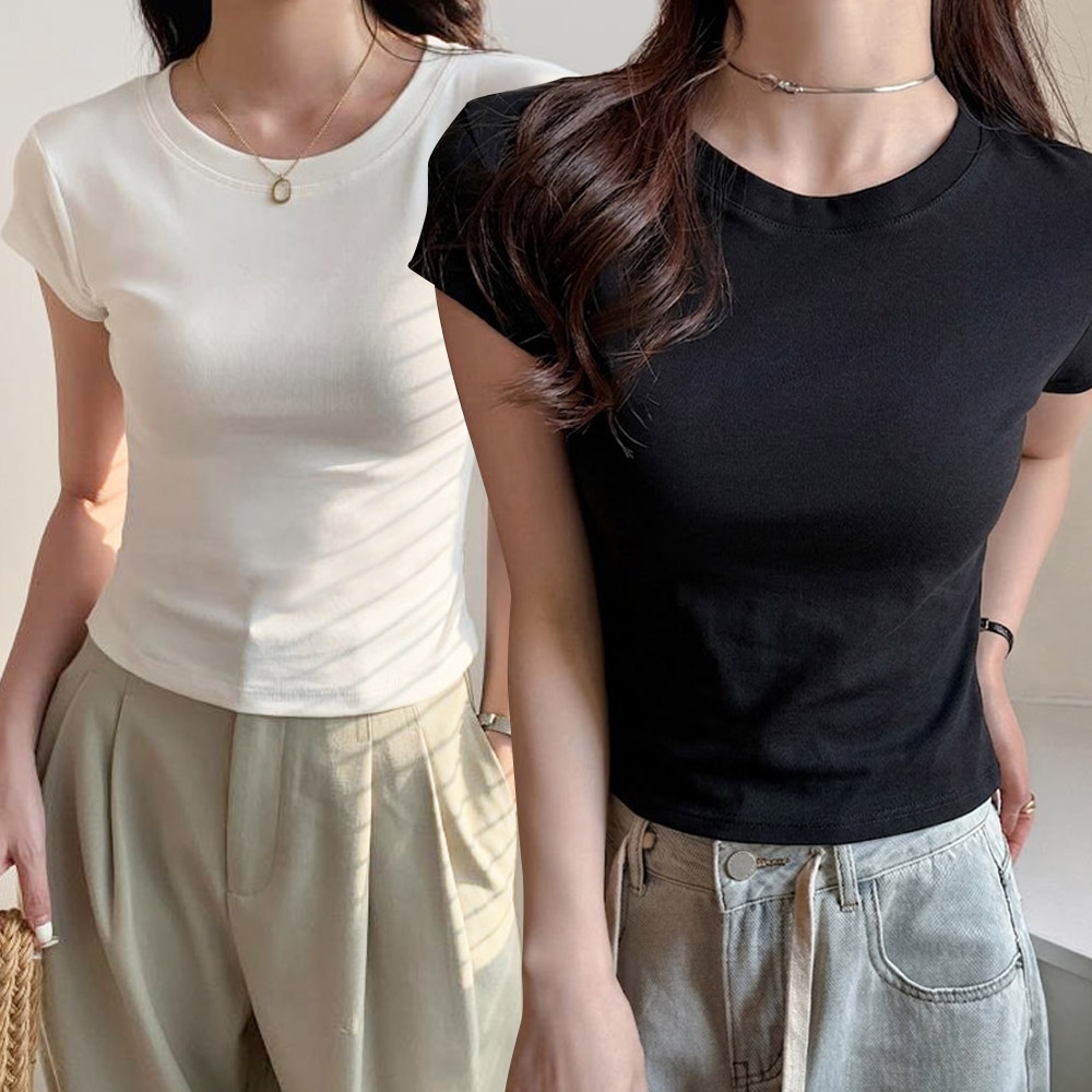 여성 기본 무지 디자인 라운드넥 베이직 디자인 외출 패션 반팔 티셔츠 - 그레이