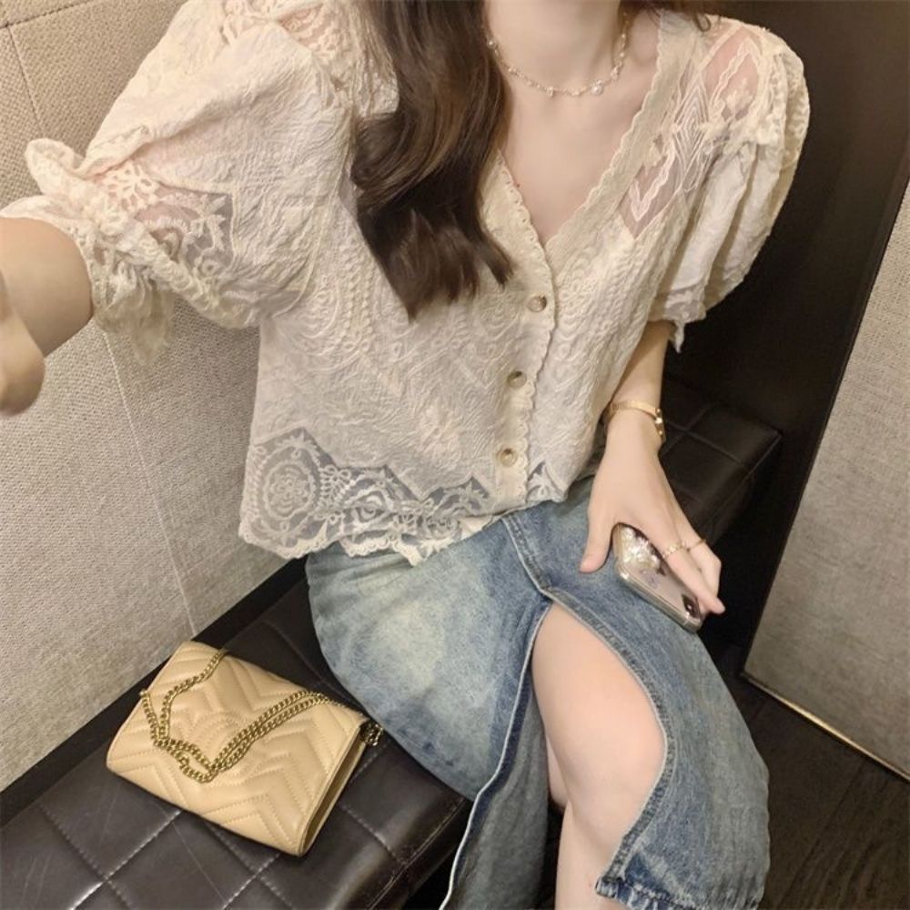 UJS-085 레이스 시스루 배색 반팔 가디건 - 연베이지