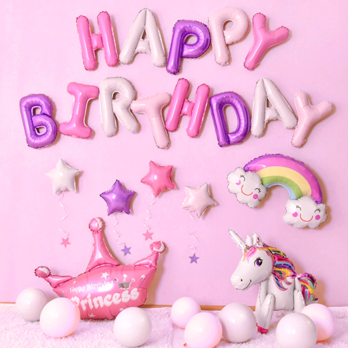 프린세스왕관 유니콘생일은박풍선 해피버스데이보라색풍선세트 - 상품 이미지