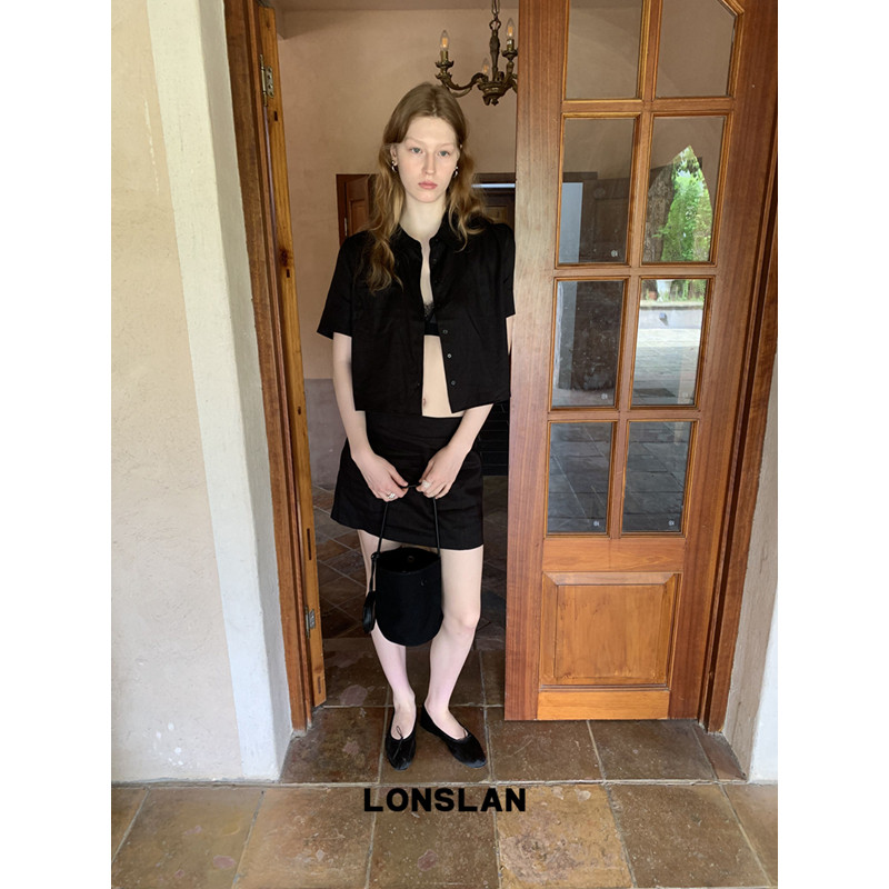 LONSLAN 론슬란 여성 린넨셔츠 반팔 카라 블라우스 스커트 투피스 셋업 여름세트 - 상품 이미지