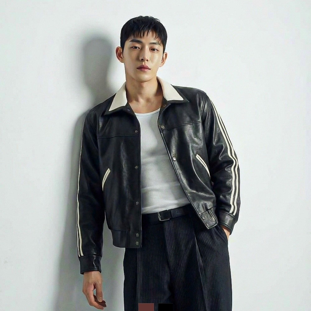 남자 배색 레더자켓 크롭 가죽 블루종 봄 간절기 아우터 - 브라운