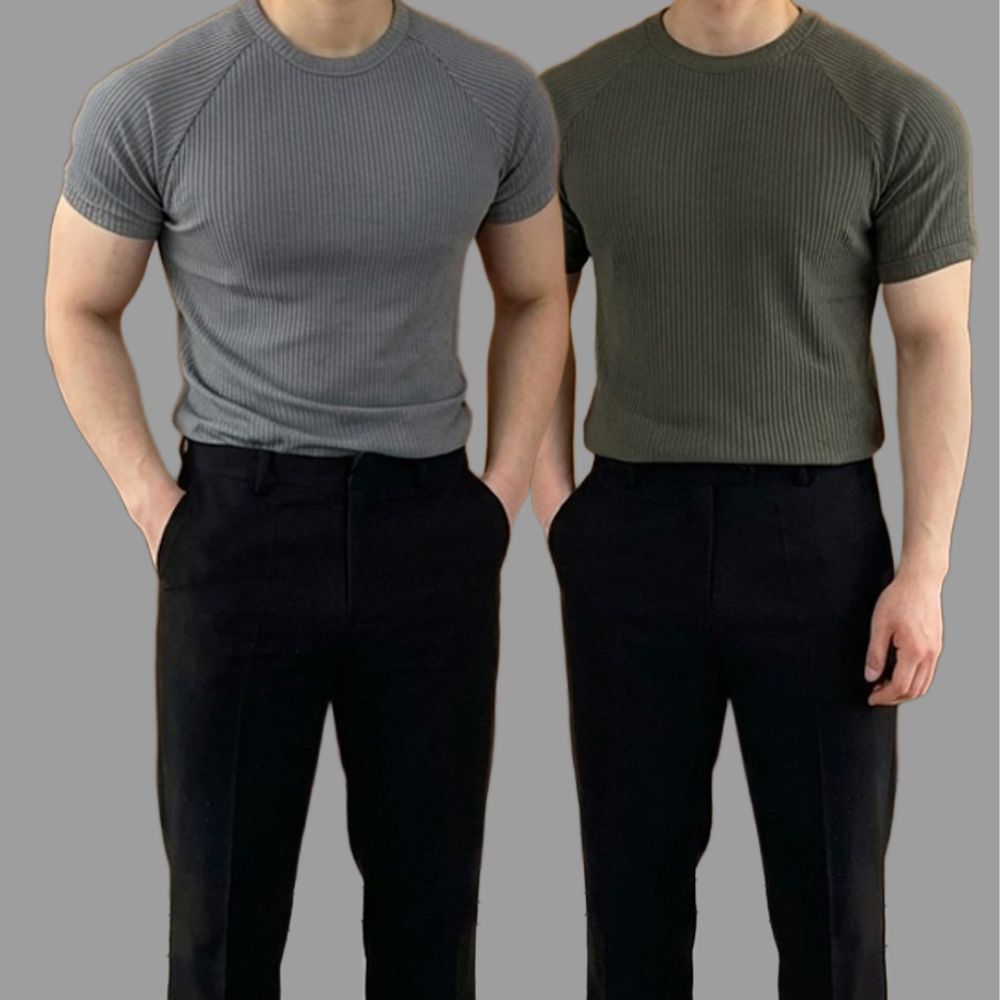 남자 레글런 골지 슬림 반팔티 머슬핏 티셔츠 1+1 - 상품 이미지