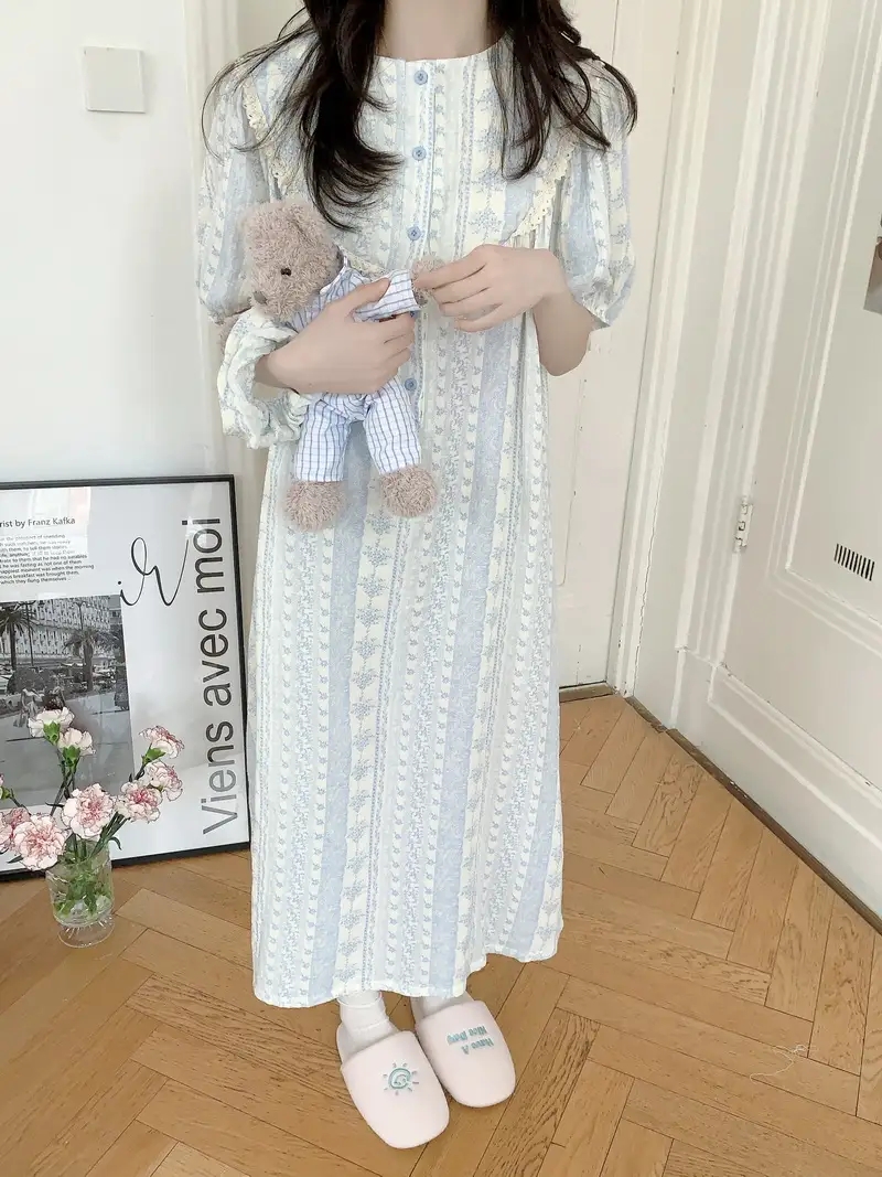 반팔 요루면 원피스잠옷 임산부 수유 빅사이즈 홈웨어 파자마 빈티지꽂 - 상세 이미지 2