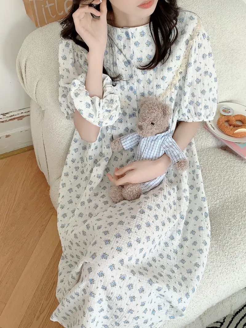 반팔 원피스잠옷 빅사이즈 임산부 수유홈웨어 요루면 플라워 파자마 이미지 8