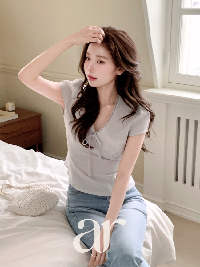레이스 리본 반팔 블라우스 bs8753 - 상세 이미지 2