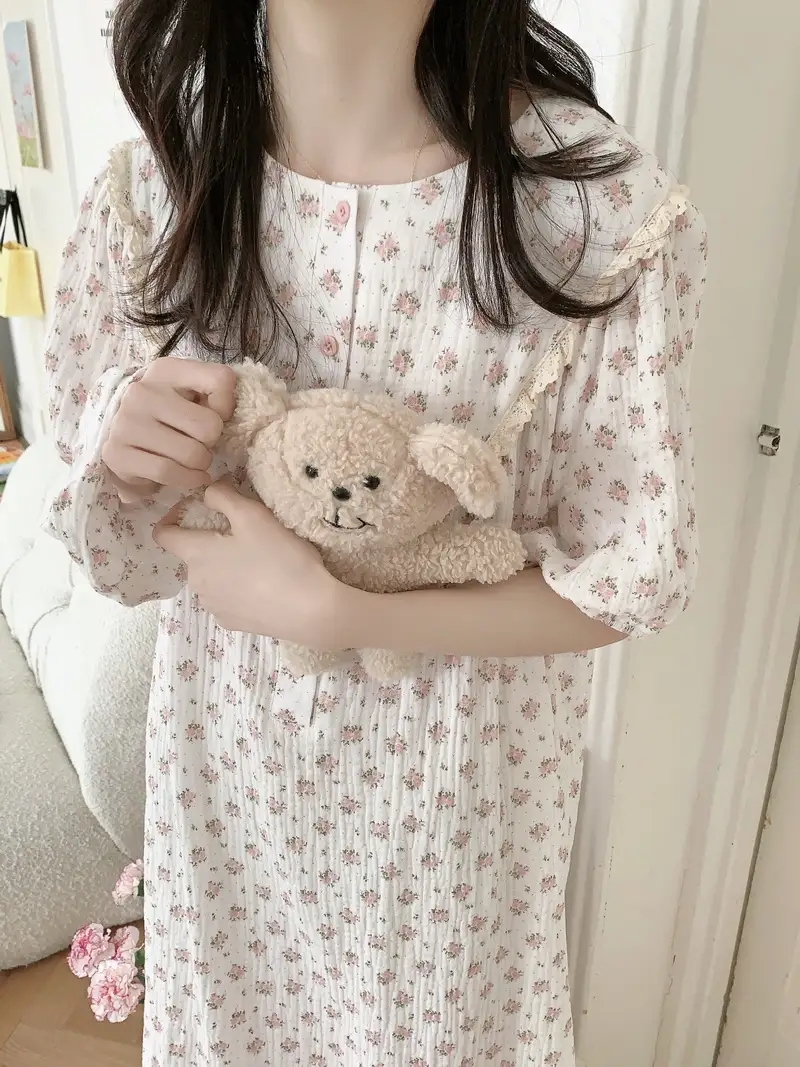반팔 원피스잠옷 빅사이즈 임산부 수유홈웨어 요루면 플라워 파자마 - 상세 이미지 4