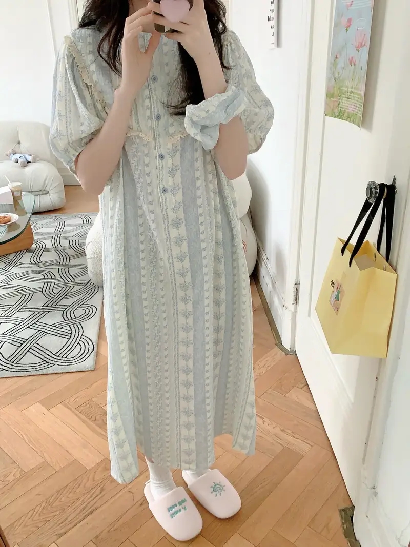 반팔 요루면 원피스잠옷 임산부 수유 빅사이즈 홈웨어 파자마 빈티지꽂 - 상세 이미지 3