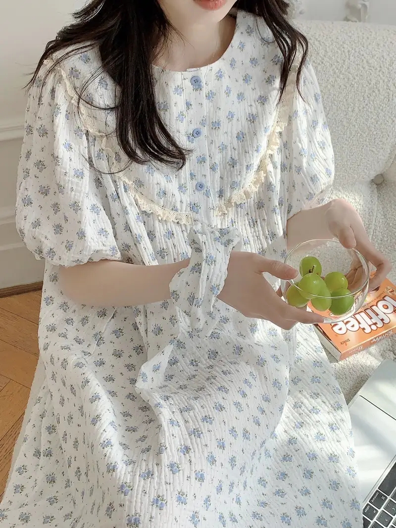 반팔 원피스잠옷 빅사이즈 임산부 수유홈웨어 요루면 플라워 파자마 이미지 7