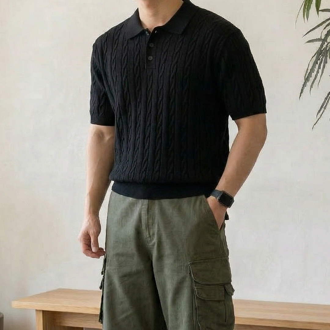 남자 꽈배기 케이블 여름 세미 머슬핏 카라 반팔 니트 이미지 2