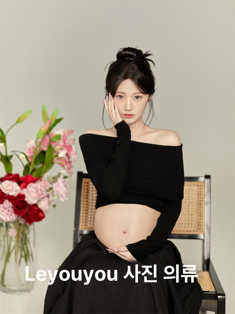 만삭 촬영 임산부 오프숄더 만삭촬영 셀프 임부 주수사진옷 옷 스커트 의상 임부복 크롭 - 상세 이미지 4