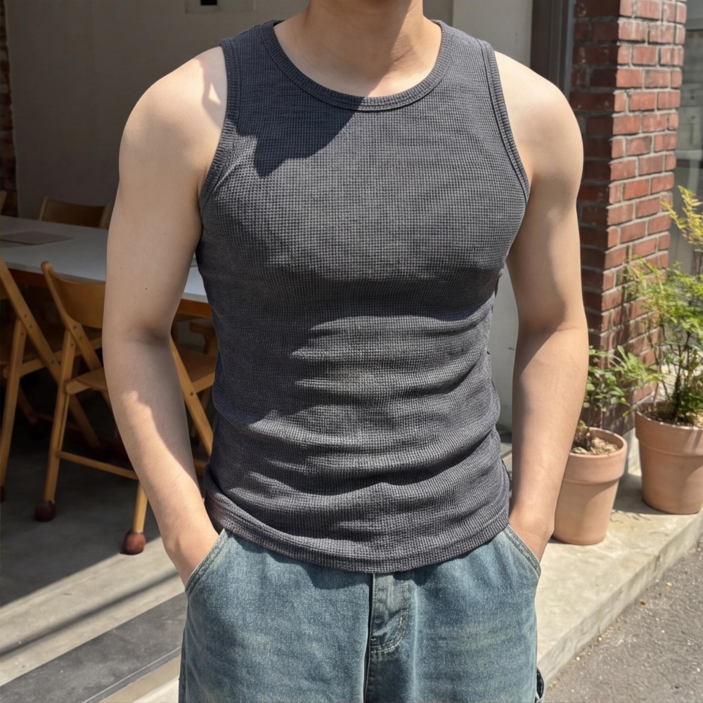 남자 머슬핏 와플 나시티 슬림 엠보 면티 이미지 6