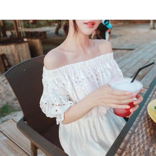 펀칭원피스 원피스 오프숄더 시스루 펀칭 휴가 휴양지 여성 바캉스룩 여름 레이스 플라워 봄 - 상세 이미지 3
