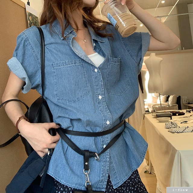 태그 데님 오버핏 카라 반팔 하프 셔츠 1col 봄 여름 루즈핏 코튼 제이플로우 이미지 8
